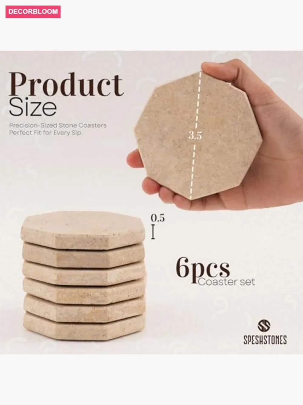 Set of 6 Travertine Marble Drink Coasters Octagon Shape with Felt Bottom